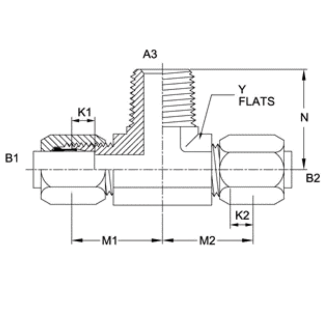 C2601-04-04-04-FG : OneHydraulics Tee Steel Adapter, 7/16-20 (-04) Flareless Bite Type Tube Compression x 7/16-20 (-04) Flareless Bite Type Tube Compression x 1/4-18 (-04) Male NPTF