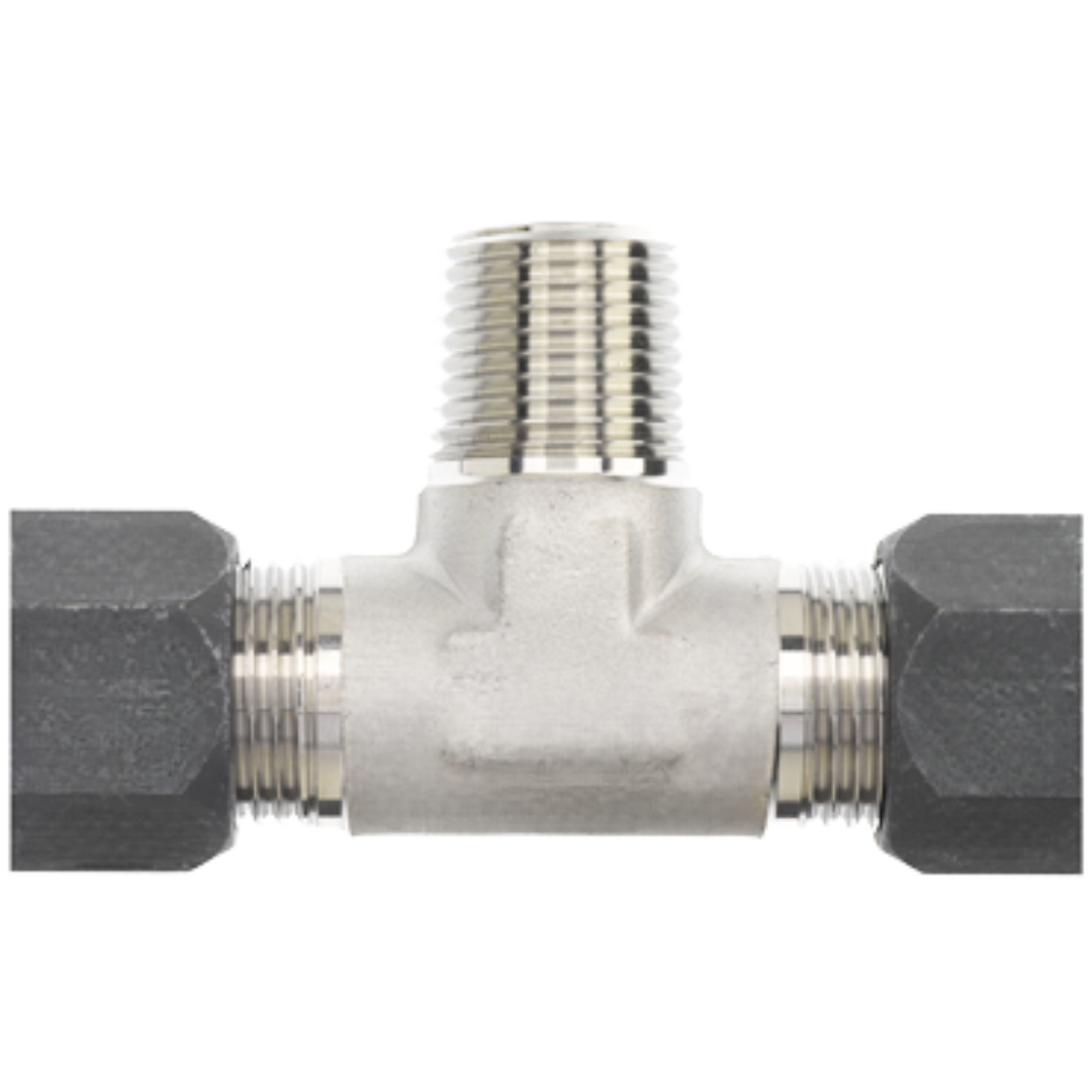 C2601-04-04-04-FG : OneHydraulics Tee Steel Adapter, 7/16-20 (-04) Flareless Bite Type Tube Compression x 7/16-20 (-04) Flareless Bite Type Tube Compression x 1/4-18 (-04) Male NPTF