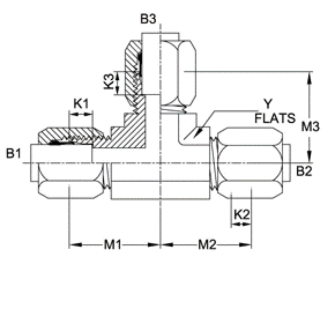 C2603-24-24-24-FG : OneHydraulics Tee Steel Adapter, 1-7/8-12 (-24) Flareless Bite Type Tube Compression Union