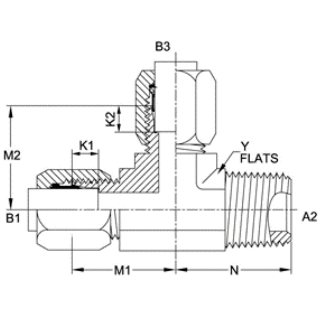 C2605-08-08-08-FG : OneHydraulics Tee Steel Adapter, 3/4-16 (-08) Flareless Bite Type Tube Compression x 1/2-14 (-08) Male NPTF x 3/4-16 (-08) Flareless Bite Type Tube Compression