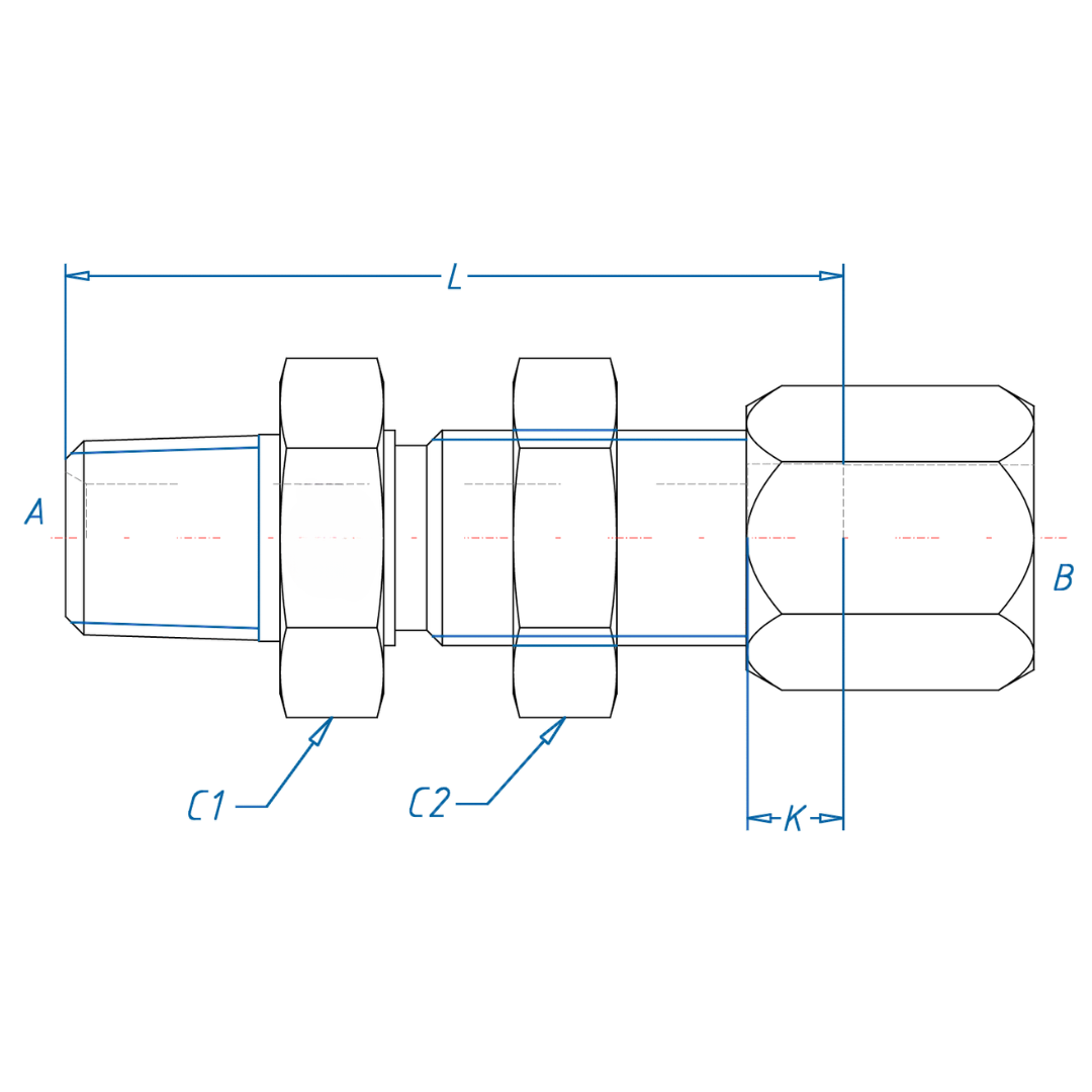 C2706-16-16 : OneHydraulics Straight Steel Bulkhead Adapter, 1-11-1/2 (-16) Male NPT x 1-5/16-12 (-16) Flareless Bite Type Tube Compression