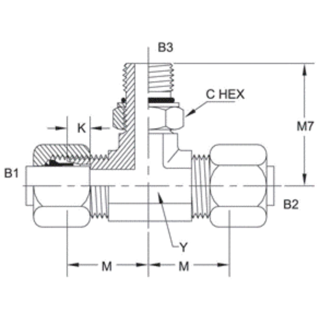 C6803-06-06-06-NWO-SS : OneHydraulics Branch Tee Stainless Adapter, 9/16-18 (-06) Flareless Bite Type Tube Compression x 9/16-18 (-06) Flareless Bite Type Tube Compression x 9/16-18 (-06) Male Adjustable ORB