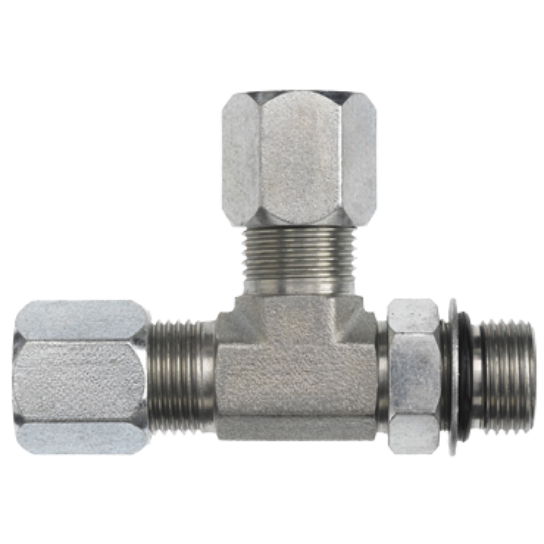 C6804-06-06-06-NWO-SS : OneHydraulics Branch Tee Stainless Adapter, 9/16-18 (-06) Flareless Bite Type Tube Compression x  9/16-18 (-06) Male Adjustable ORB x 9/16-18 (-06) Flareless Bite Type Tube Compression