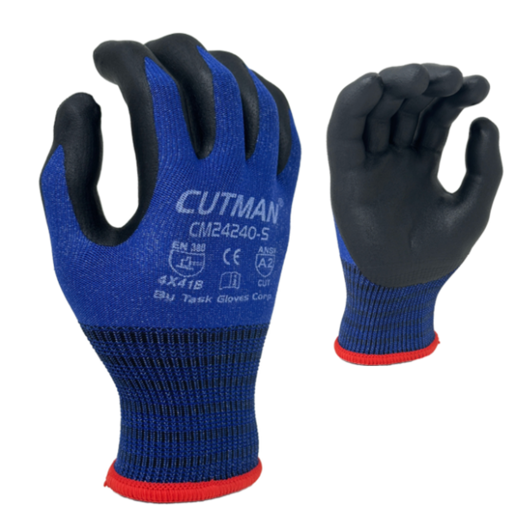 CM24240 : CUTMAN 15 Gauge Blue Nylon w/ Glass fiber shell, Black Foam Nitrile palm coated, Touchscreen compatible, ANSI Cut A2, 12-Pack