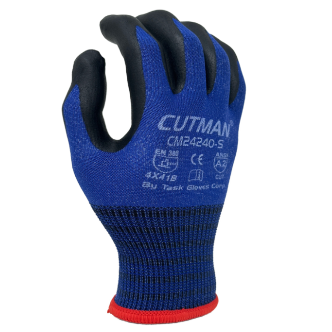 CM24240 : CUTMAN 15 Gauge Blue Nylon w/ Glass fiber shell, Black Foam Nitrile palm coated, Touchscreen compatible, ANSI Cut A2, 12-Pack