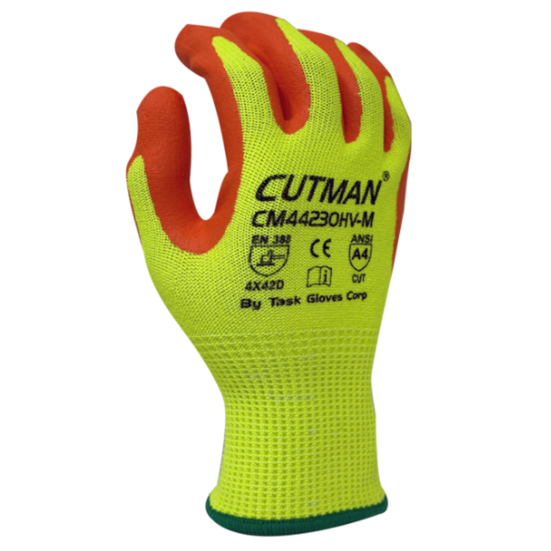 CM44230HV : CUTMAN 13 Gauge Hi-Vis Yellow HDPE shell, Hi-Vis Orange Foam Nitrile Palm coated, ANSI Cut A4, 12-Pack