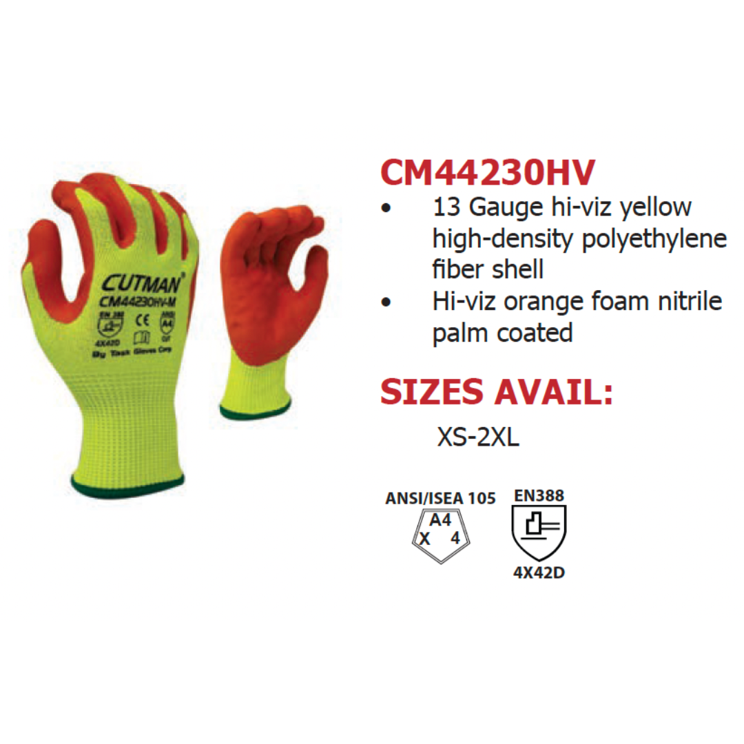CM44230HV : CUTMAN 13 Gauge Hi-Vis Yellow HDPE shell, Hi-Vis Orange Foam Nitrile Palm coated, ANSI Cut A4, 12-Pack
