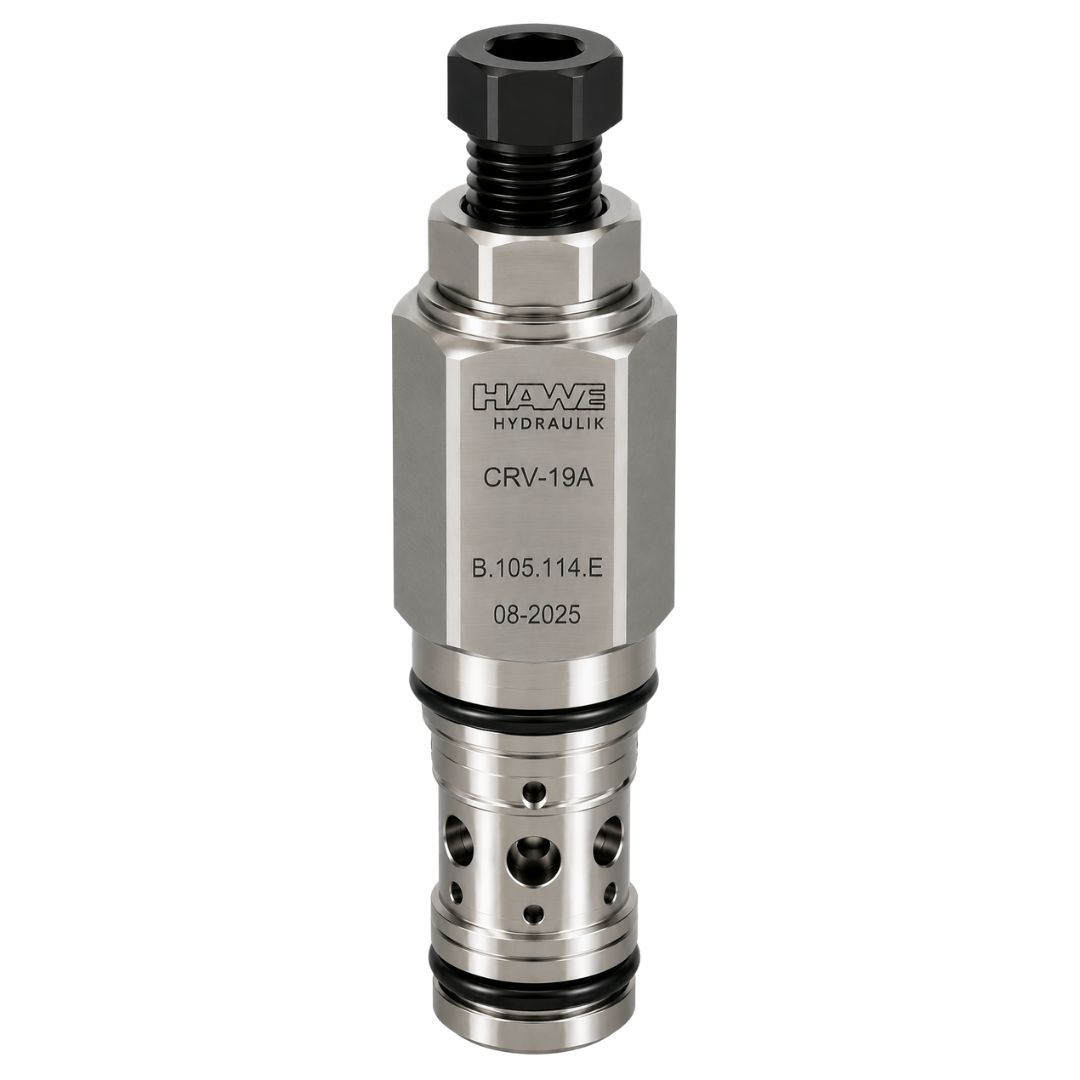 CRV-19A-30-C-K : Hawe Hydraulik Relief Valve, Ventable, Pilot-Operated, Balanced Piston, 3 Ports, T-19A Cavity, 127GPM, 152-6090psi (1015psi Standard), Handknob with Lock (similar to RVIA-KCN)