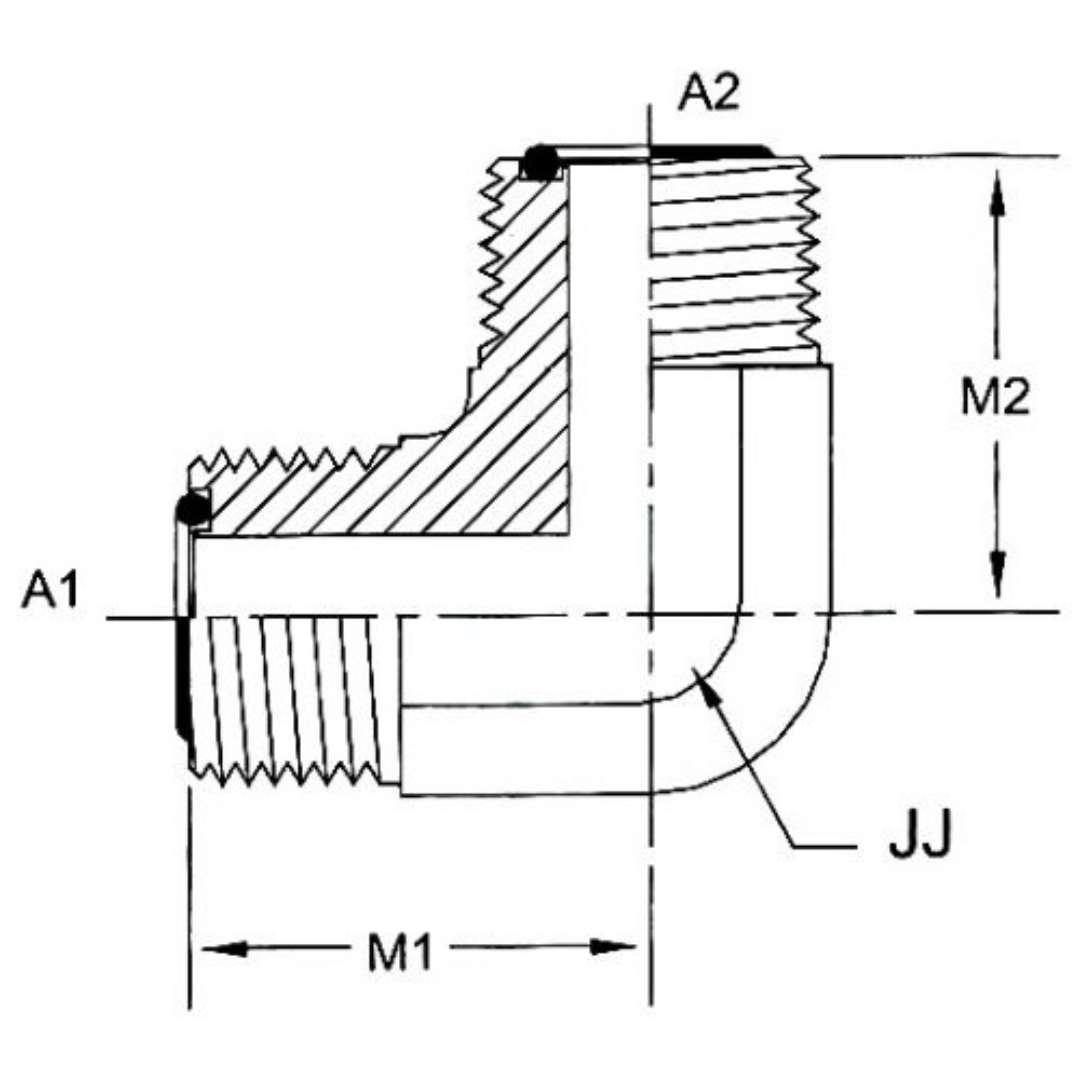 FS2500-12-08-FG : OneHydraulics 90-Degree Steel Adapter, 1-3/16-12 (-12) Male ORFS x 13/16-16 (-08) Male ORFS, 6000psi