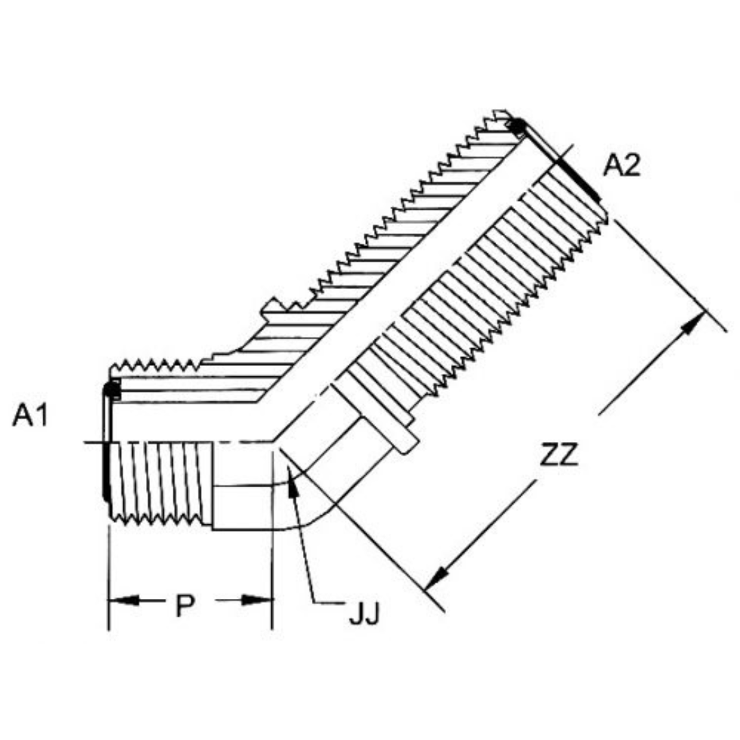 FS2702-16-16-FG : OneHydraulics 45-Degree Steel Adapter, 1-7/16-12 (-16) Male ORFS x 1-7/16-12 (-16) Male ORFS Bulkhead, 6000psi