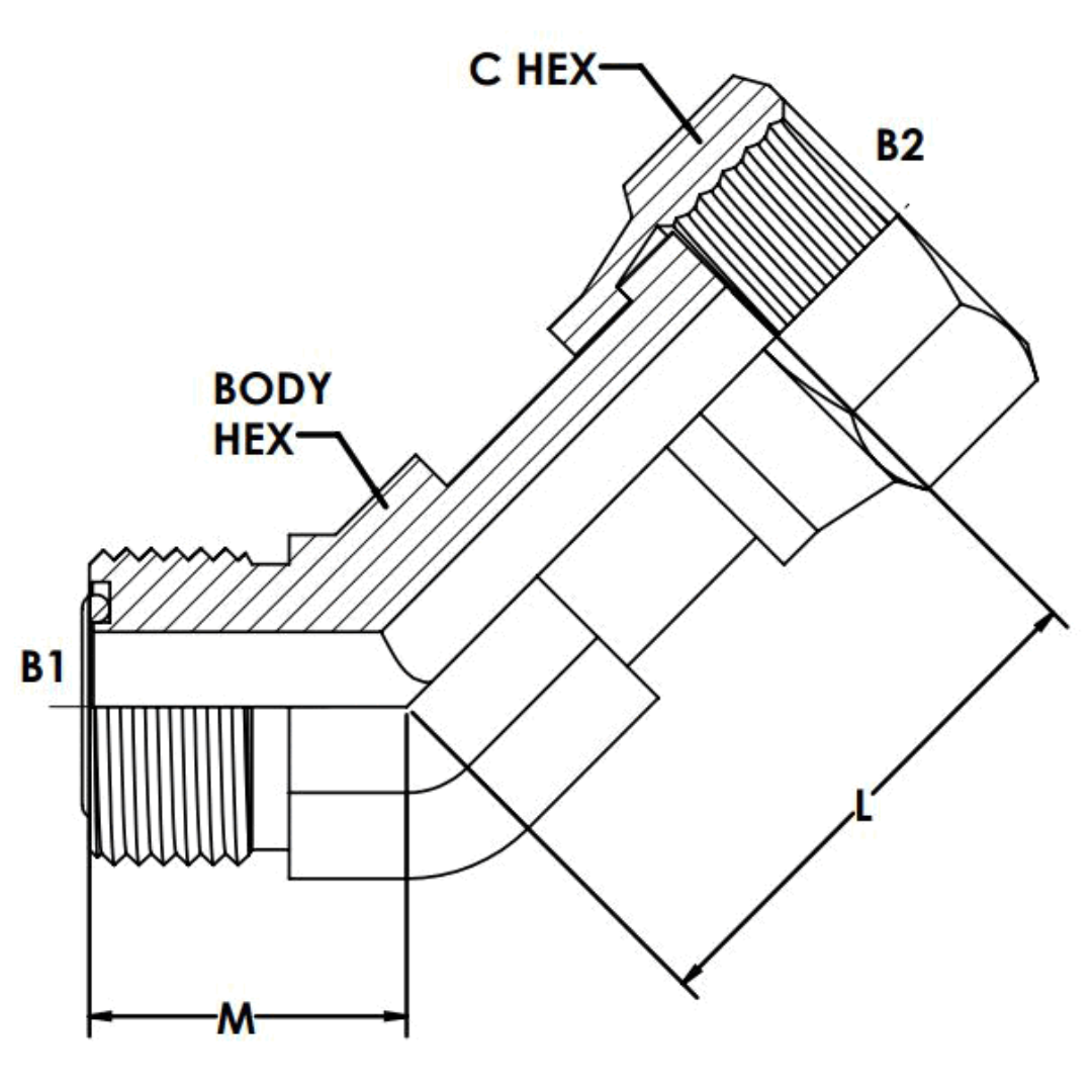 FS6502-16-16-FG : OneHydraulics 45-Degree Steel Adapter, 1-7/16-12 (-16) Male ORFS x 1-7/16-12 (-16) Female ORFS Swivel, 3600psi