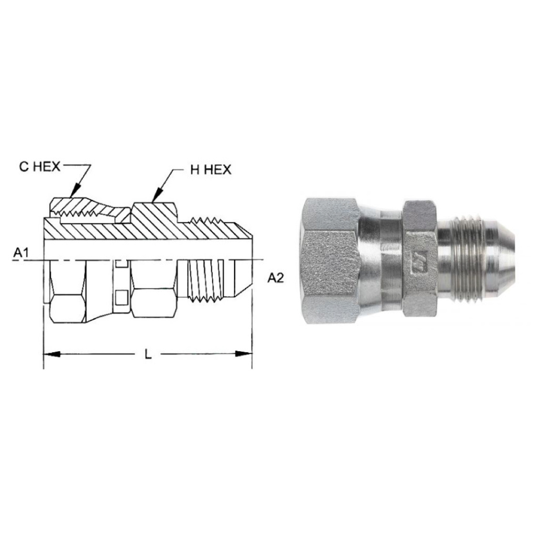 FS6504-04-04 : OneHydraulics Straight Steel Adapter, Swivel, 9/16-18 (-04) Female ORFS x 7/16-20 (-04) Male JIC, 7500psi
