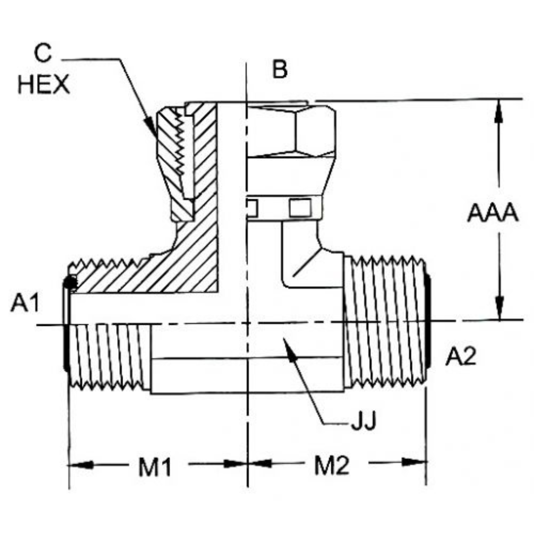 FS6600-08-08-08-FG : OneHydraulics Branch Tee Steel Adapter, 13/16-16 (-08) Male ORFS x 13/16-16 (-08) Male ORFS x 13/16-16 (-08) Female ORFS Swivel, 9200psi