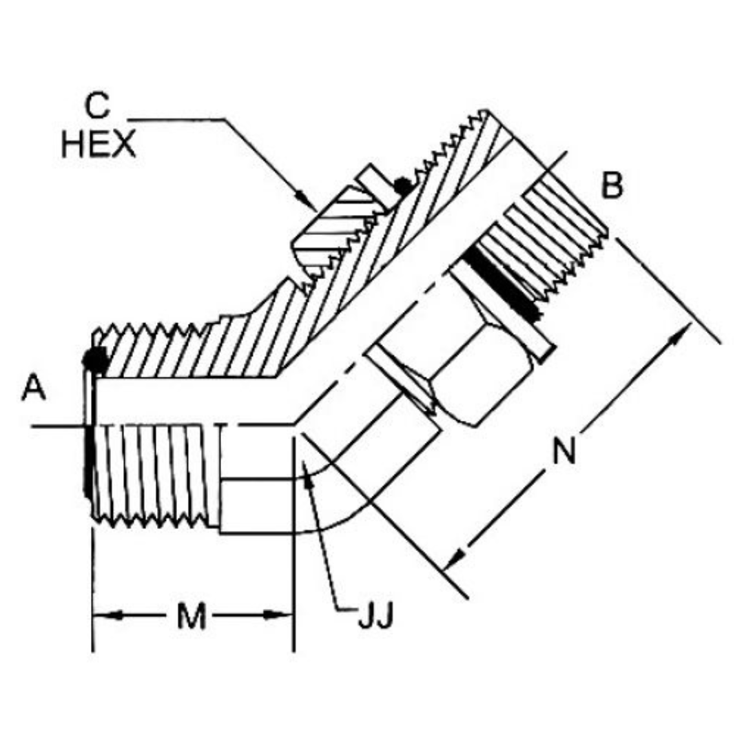 FS6802-04-04-NWO-FG : OneHydraulics 45-Degree Steel Adapter, 9/16-18 (-04) Male ORFS x 7/16-20 (-04) Male Adjustable ORB, 6000psi