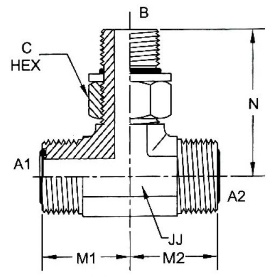 FS6803-04-04-04-NWO-FG : OneHydraulics Tee Steel Adapter, 9/16-18 (-04) Male ORFS x 9/16-18 (-04) Male ORFS x 7/16-20 (-04) Male Adjustable ORB, 6000psi