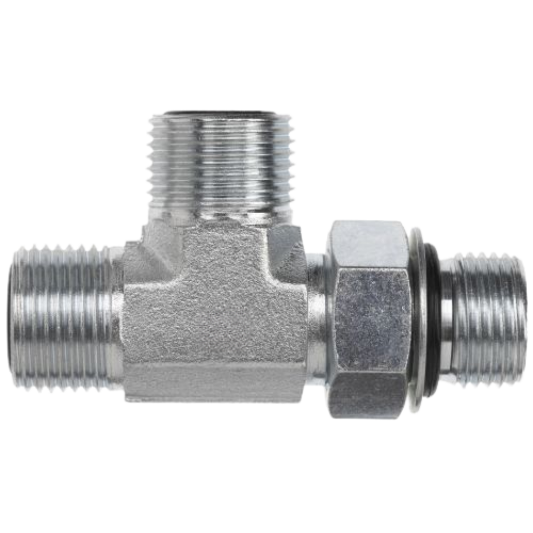 FS6804-08-08-08-NWO-FG : OneHydraulics Tee Steel Adapter, 13/16-16 (-08) Male ORFS x 3/4-16 (-08) Male Adjustable ORB x 13/16-16 (-08) Male ORFS, 6000psi