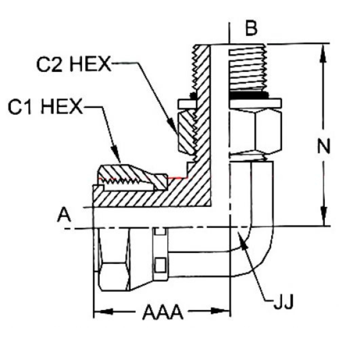 FS6809-06-06-NWO-FG : OneHydraulics 90-Degree Steel Adapter, 11/16-16 (-06) Female ORFS Swivel x 9/16-18 (-06) Male Adjustable ORB, 6000psi