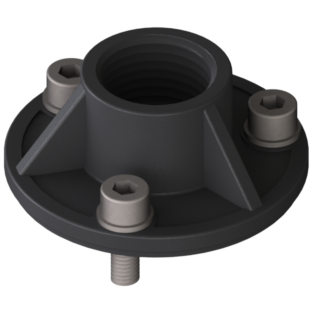 LK41 PA 1/2"f : Giebel Flange Adapter with 3x M5 Screws and Gasket, 41mm Bolt Circle, PA6 GF30 reinforced Nylon, NBR Seals, 1/2" Female NPT Connection