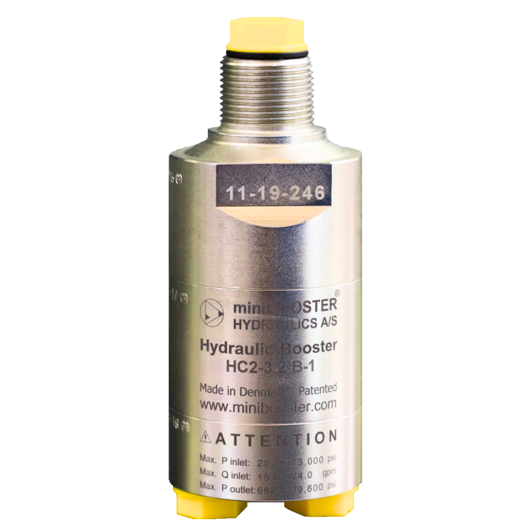 HC2-1.2-A-2 miniBooster Pressure Intensifier, 1.2 Ratio, 7/16-20 UNF Inlet Port, 9/16-18 UNF Outlet Port, 2.1GPM and 3000psi Inlet, 0.9GPM and 11600psi Outlet, No Dump Valve