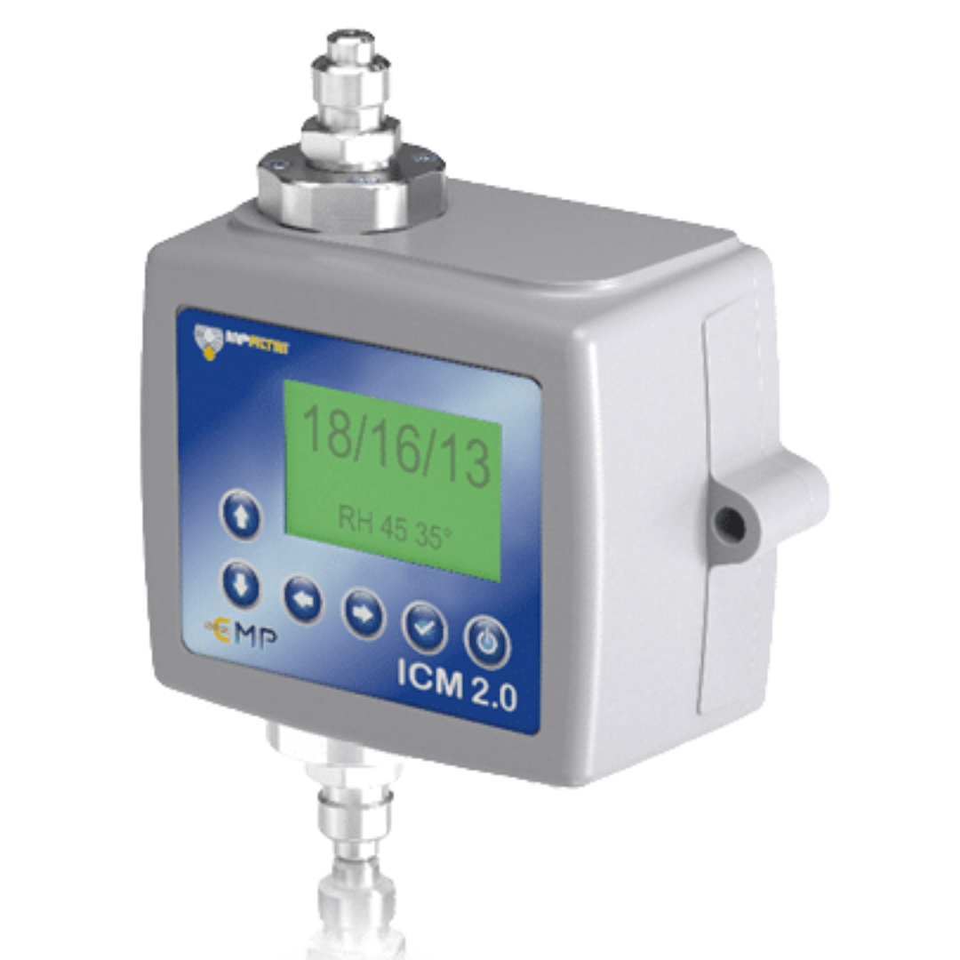 ICMWMKUG12.0 : MP Filtri ICM 2.0 Inline Contamination Monitor, with Moisture & Temp Sensor, for Mineral/Synthetic Oils, with Keypad, with Test Record Transfer, M16x2 Pressure Test Point Connections