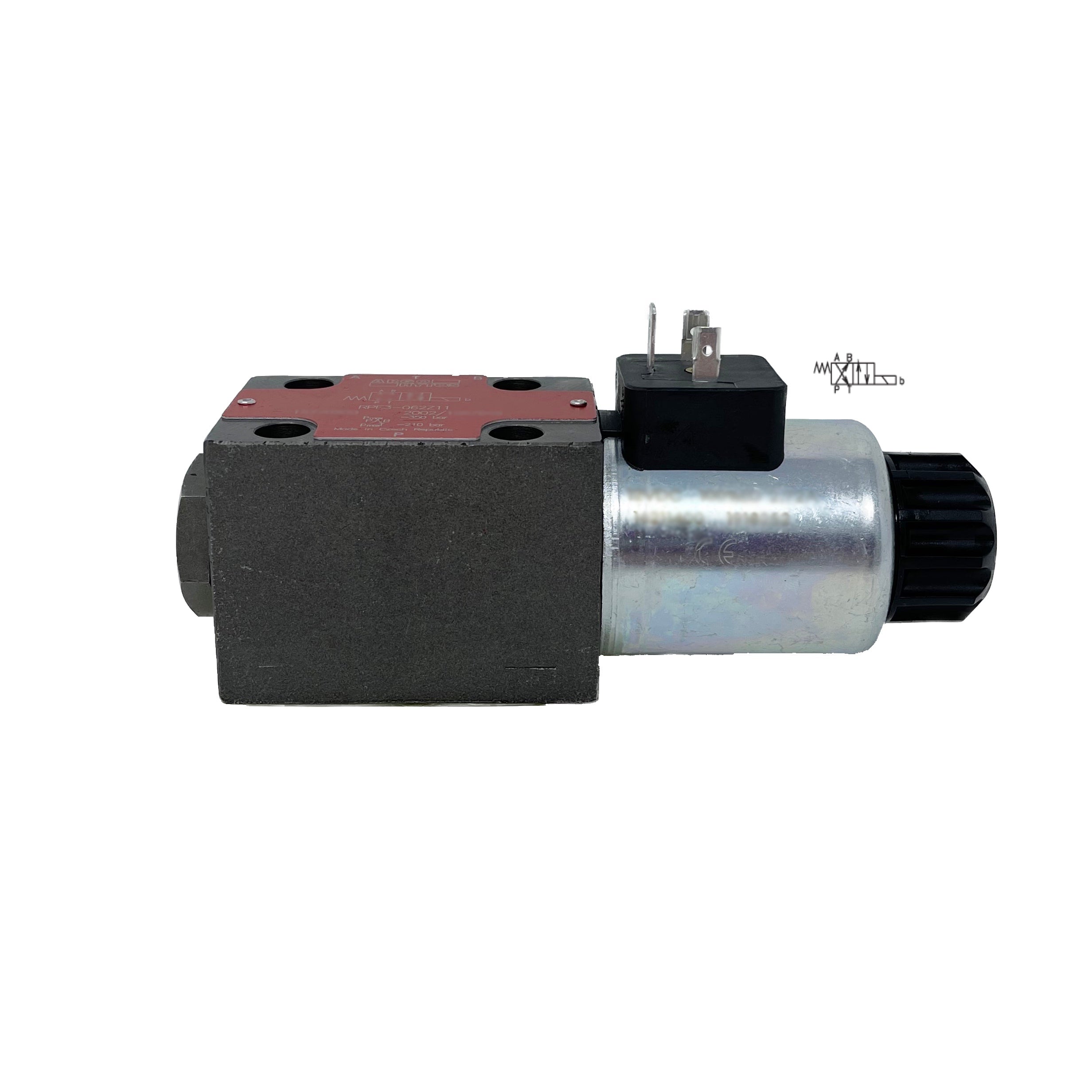 RPE3-062X11/01200E12A : Argo Hytos Directional Control Valve, D03 (NG6), 21GPM, 5100psi, 2P4W, 12 VDC, Deutsch, Spring Return, P to B, A to T in Neutral, Coil Side B