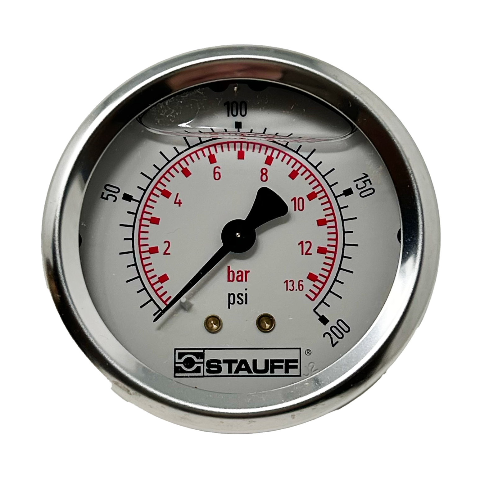 SPG-100-00200-05-S-N08 : Stauff Pressure Gauge, 4" Face, 0-200psi, 1/2" NPT, Stem Mount