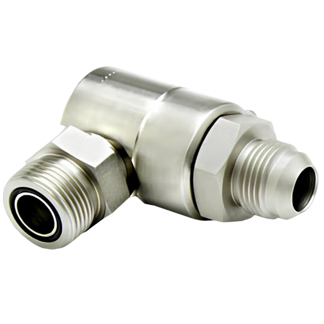 9SS8MJ8XMFS8-NI-V : Super Swivels 90-Degree Live Swivel, -08 Male ORFS (13/16 - 16 UN) x -08 Male JIC (3/4 - 16 UN), 5000psi, Nickel Plated, Viton Seals