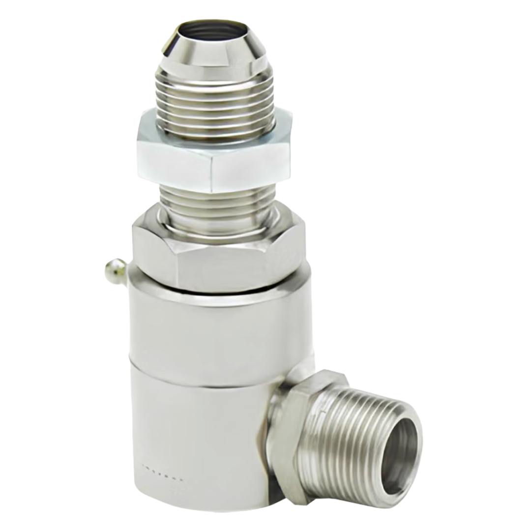 9SS8MJB8XMP50-Ni-V : Super Swivels 90-Degree Live Swivel, -08 Male NPTF (1/2 - 14 NPTF) x -08 Male JIC (3/4 - 16 UN), 3500psi, Nickel Plated, Viton Seals