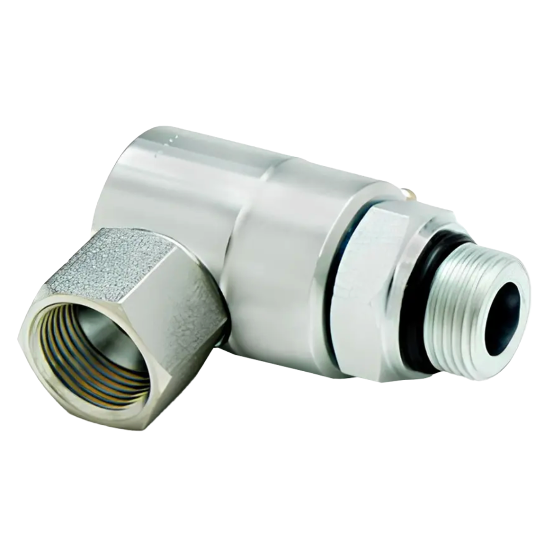 9SS8MO8XFJS8-Z-V : Super Swivels 90-Degree Live Swivel, -08 Female JIC Swivel Nut (3/4 - 16 UN) x -08 Male ORB (3/4 - 16 UN), 3500psi, Zinc Plated, Viton Seals