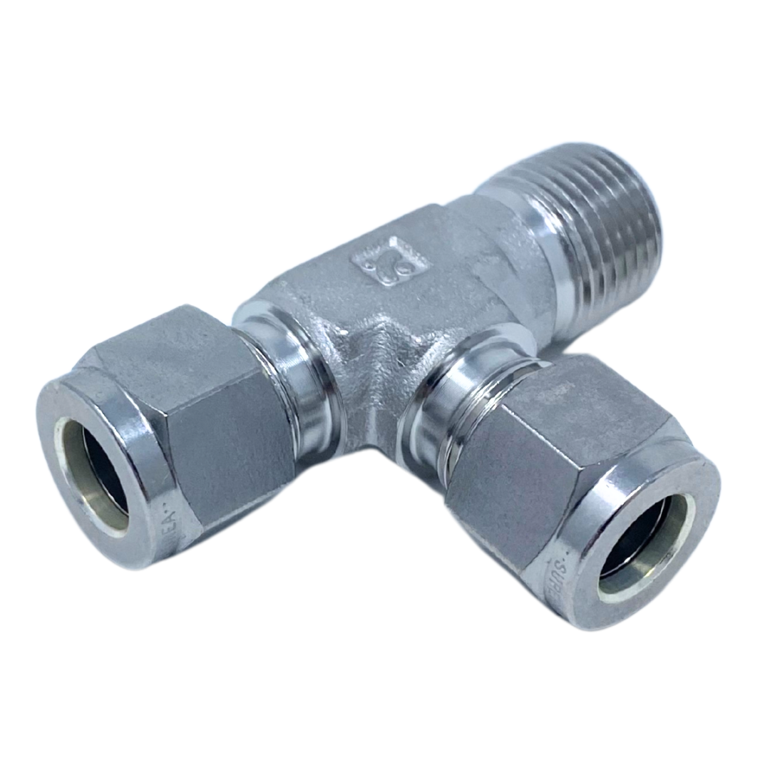SMRT 12-12N : Superlok Stainless Run Tee, 3/4" (-12) Tube OD x 3/4" (-12) Tube OD x 3/4-14 (-12N) Male NPT