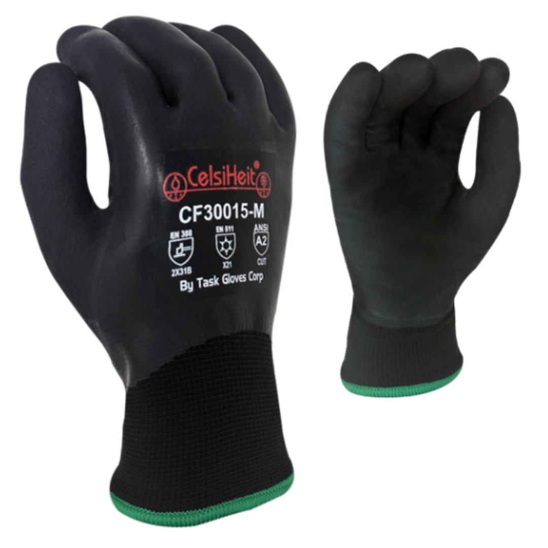 CF30015-12PK : CelsiHeit Black Heavy Thermal, Double layered Acrylic insulation, Black Sandy Foam Latex Fully coated, ANSI Cut A2, 12-Pack