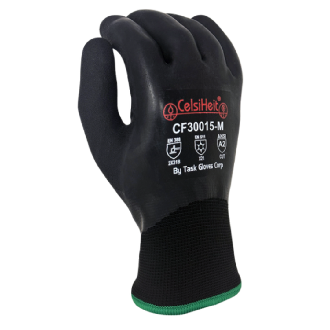 CF30015-12PK : CelsiHeit Black Heavy Thermal, Double layered Acrylic insulation, Black Sandy Foam Latex Fully coated, ANSI Cut A2, 12-Pack