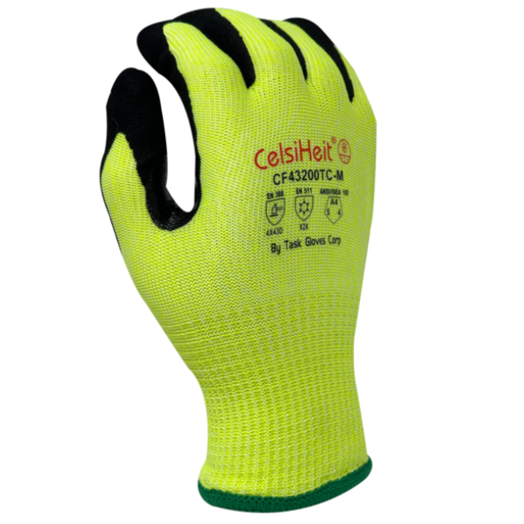 CF43200TC-12PK : CelsiHeit Black Sandy Foam Nitrile palm coated, Reinforced Thumb Saddle, 13 Gauge Hi-Vis Green HDPE & Polyester shell, 7 Gauge Acrylic Terry Lined, ANSI Cut A4, 12-Pack