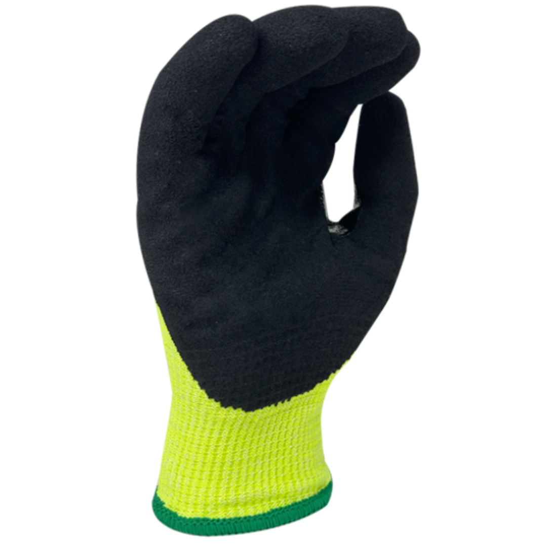 CF43200TC-12PK : CelsiHeit Black Sandy Foam Nitrile palm coated, Reinforced Thumb Saddle, 13 Gauge Hi-Vis Green HDPE & Polyester shell, 7 Gauge Acrylic Terry Lined, ANSI Cut A4, 12-Pack
