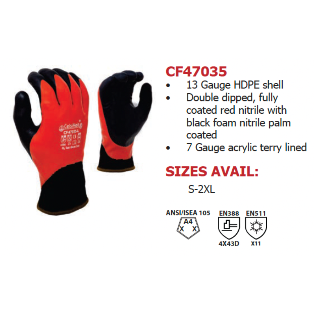 CF47035-12PK : Double Dipped, Red Smooth Nitrile Fully coated, Black Foam Nitrile palm coated, 13 Gauge HDPE shell, 7 Gauge Acrylic Terry Lined, ANSI Cut A4, 12-Pack