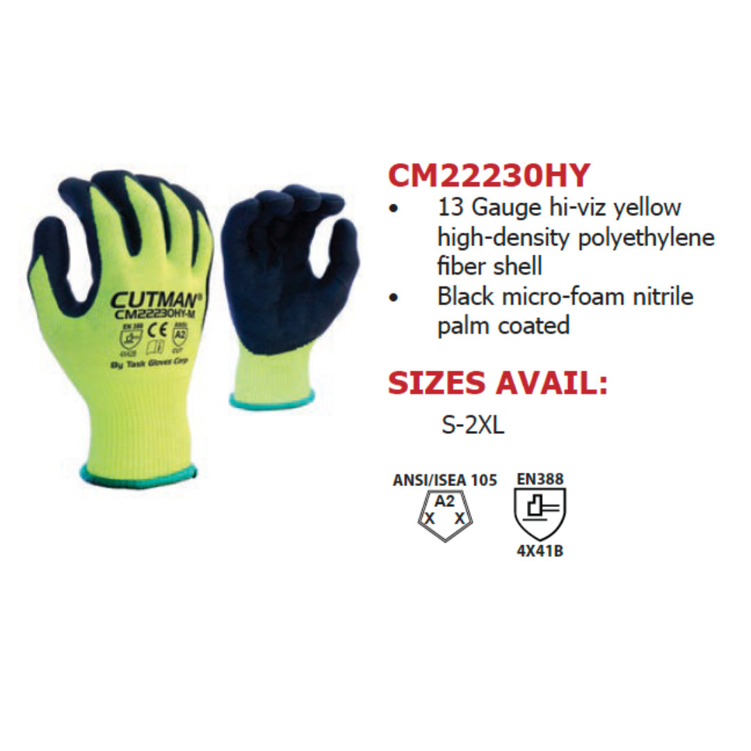 CM22230HY : CUTMAN 13 Gauge Hi-Vis Yellow HDPE shell, Black Micro-Foam Nitrile palm coated, ANSI Cut A2, Touchscreen compatible, 12-Pack