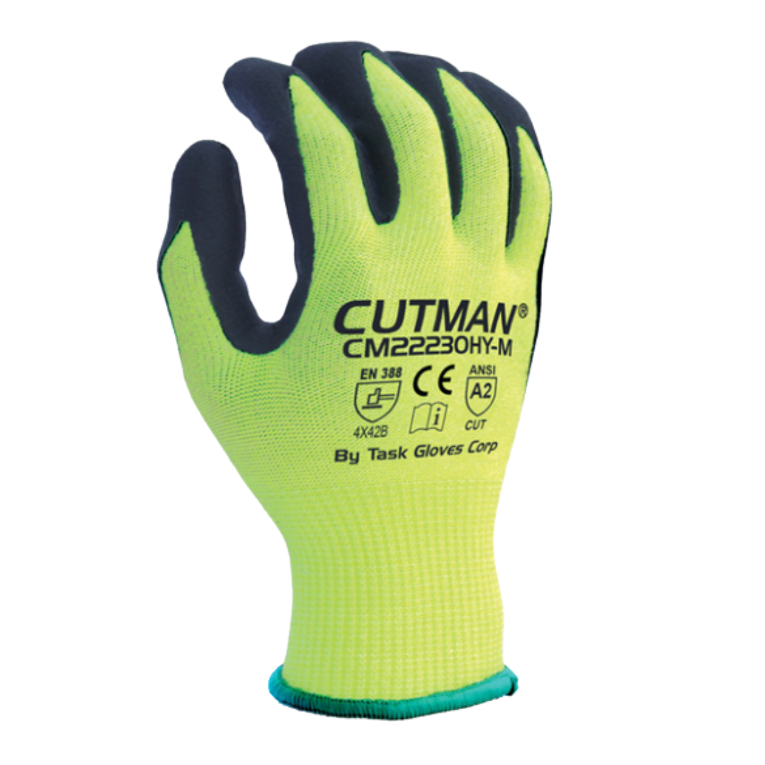 CM22230HY : CUTMAN 13 Gauge Hi-Vis Yellow HDPE shell, Black Micro-Foam Nitrile palm coated, ANSI Cut A2, Touchscreen compatible, 12-Pack