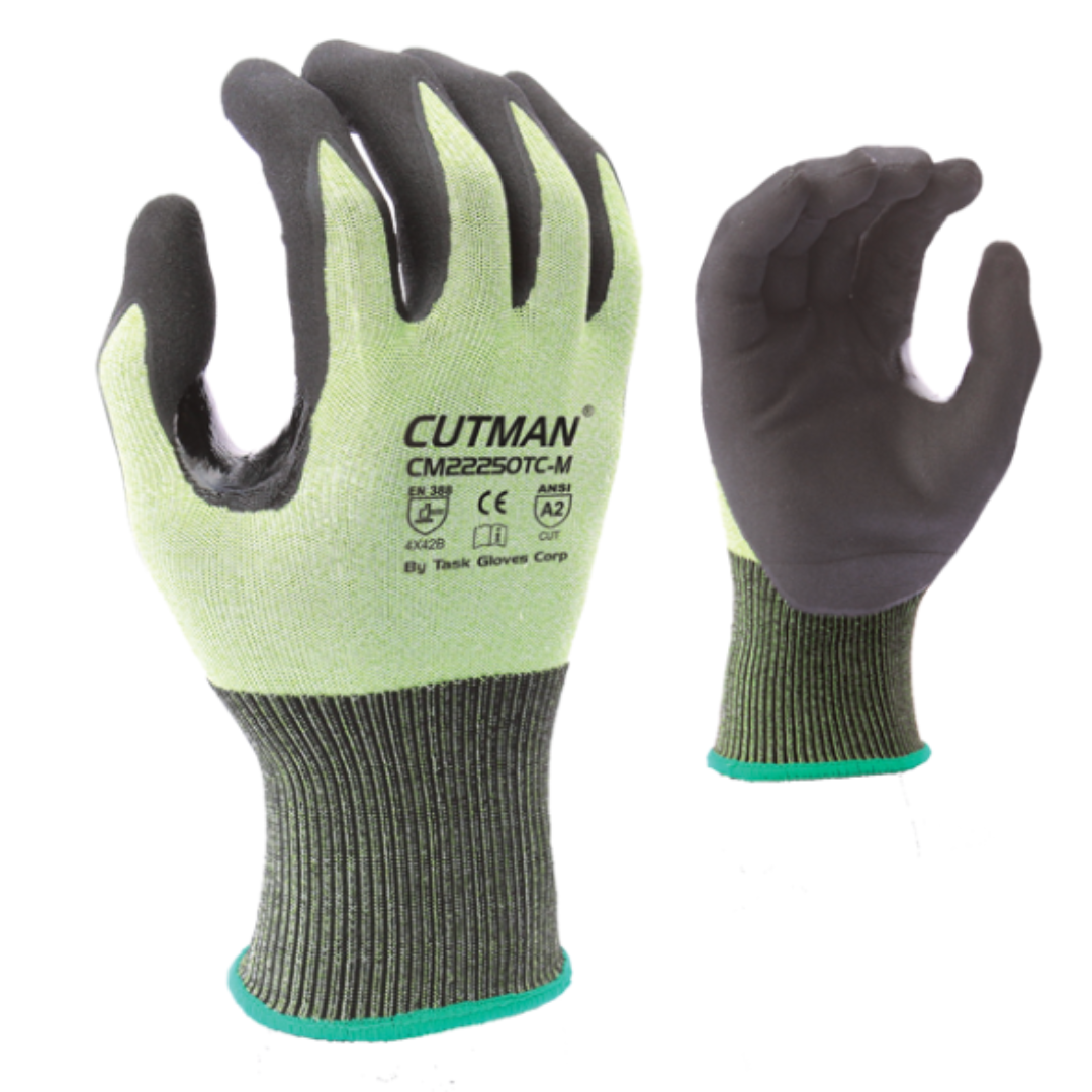 CM22250TC : CUTMAN 18 Gauge Hi-Vis HDPE shell, Black Micro-Foam Nitrile palm coated, Reinforced Thumb Saddle, ANSI Cut A2, Touchscreen compatible, 12-Pack