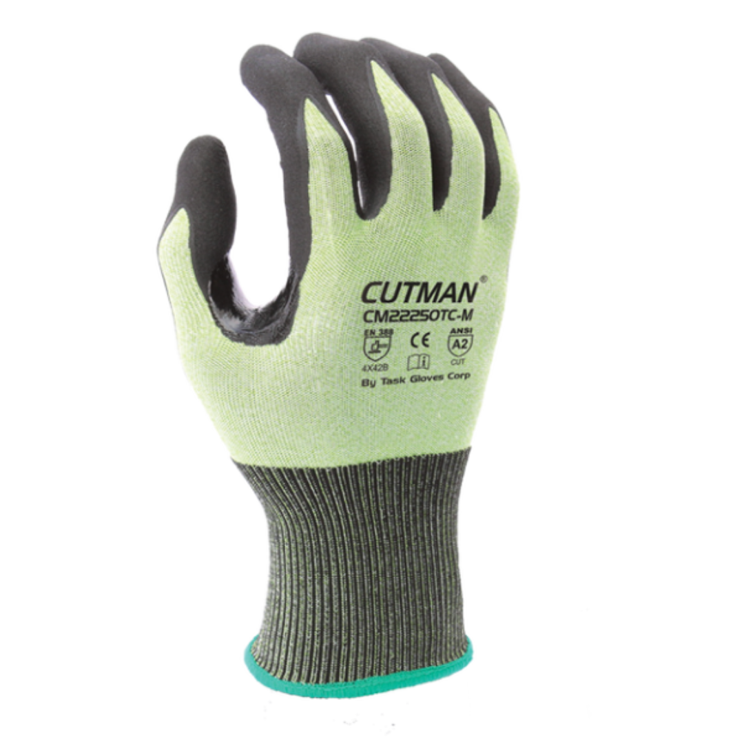 CM22250TC : CUTMAN 18 Gauge Hi-Vis HDPE shell, Black Micro-Foam Nitrile palm coated, Reinforced Thumb Saddle, ANSI Cut A2, Touchscreen compatible, 12-Pack