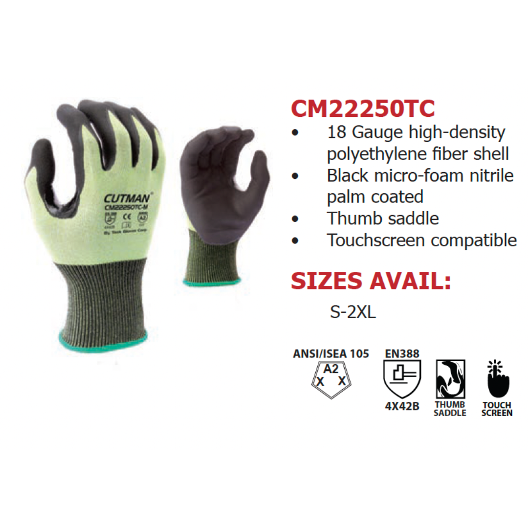 CM22250TC : CUTMAN 18 Gauge Hi-Vis HDPE shell, Black Micro-Foam Nitrile palm coated, Reinforced Thumb Saddle, ANSI Cut A2, Touchscreen compatible, 12-Pack