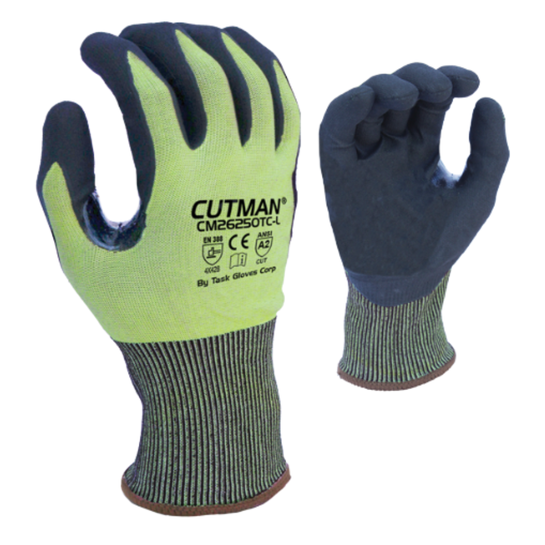 CM26250TC : Cutman Task Gloves, 18 Gauge Hi-Vis HDPE shell, Black Polyurethane palm coated, Reinforced Thumb Saddle, ANSI Cut A2, Touchscreen compatible, 12-Pack