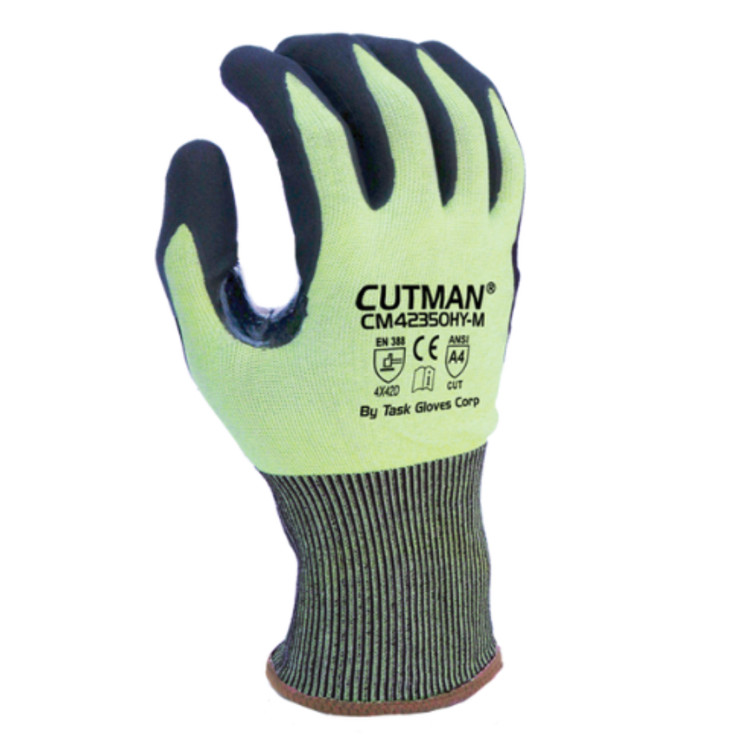 CM42350HY-12PK : CUTMAN 18 Gauge Hi-Vis Yellow HDPE shell, Black Micro-Foam Nitrile Palm coated, Reinforced Thumb Saddle, ANSI Cut A4, Touchscreen compatible, 12-Pack