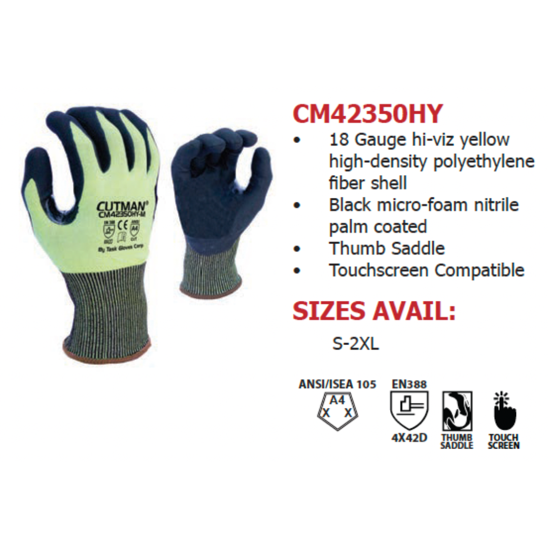 CM42350HY-12PK : CUTMAN 18 Gauge Hi-Vis Yellow HDPE shell, Black Micro-Foam Nitrile Palm coated, Reinforced Thumb Saddle, ANSI Cut A4, Touchscreen compatible, 12-Pack