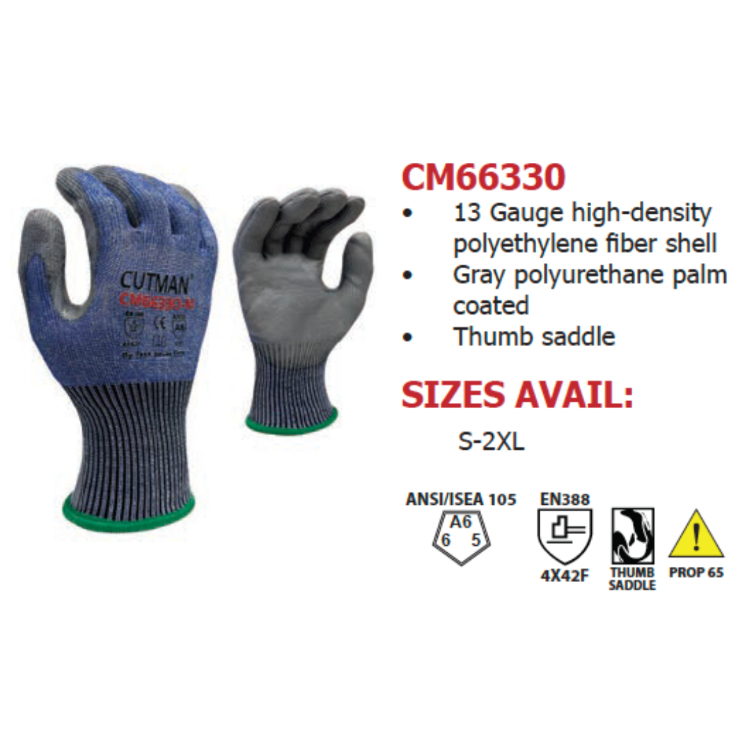 CM66330-12PK : CUTMAN 13 Gauge HDPE shell, Light Polyurethane Palm coated, Reinforced Thumb Saddle, ANSI Cut A6, 12-Pack