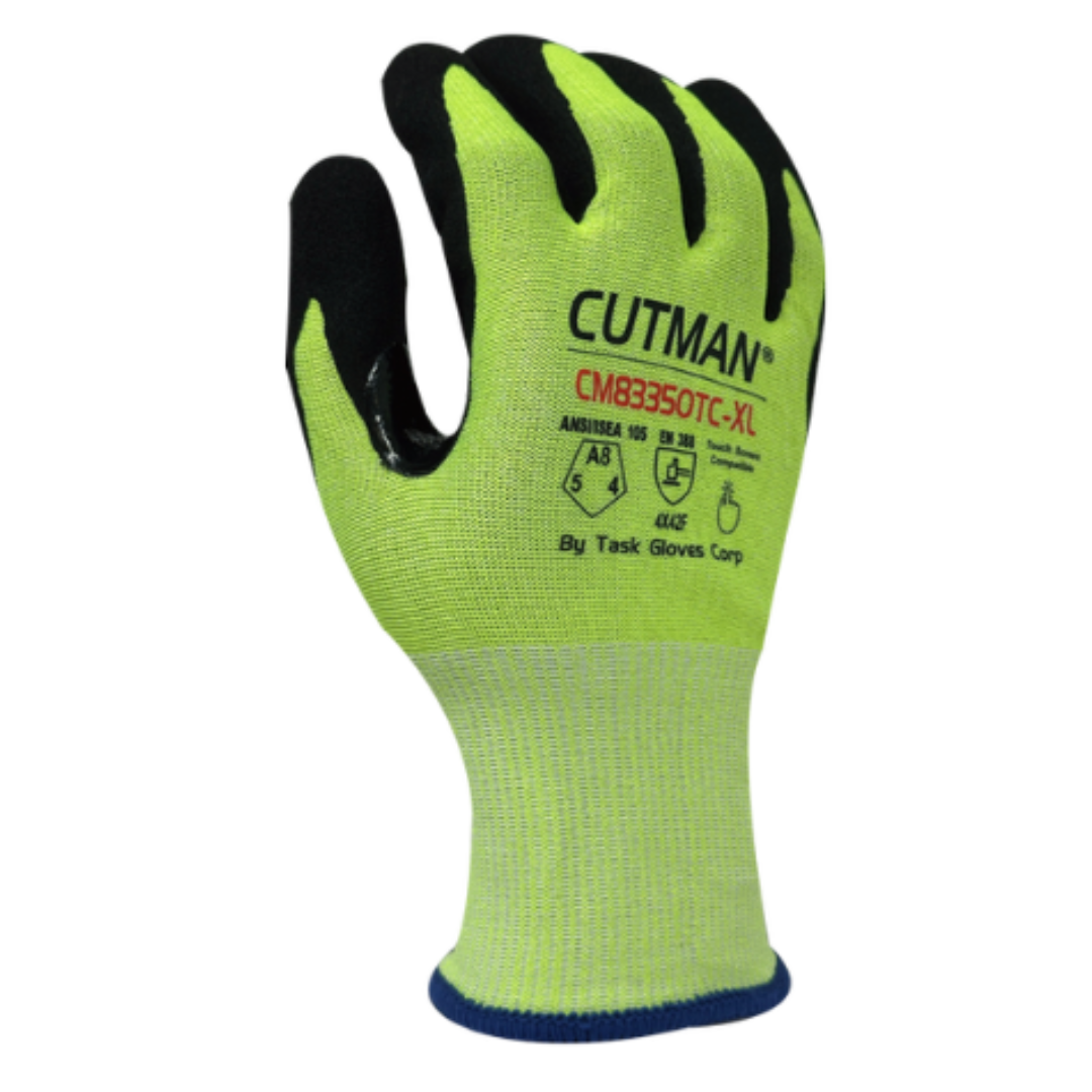 CM83350TC-12PK : CUTMAN 18 Gauge Hi-Vis Yellow HDPE + Stainless steel shell, Black Sandy-Foam Nitrile Palm coated, Reinforced Thumb Saddle, Touchscreen compatible, ANSI Cut A8, 12-Pack