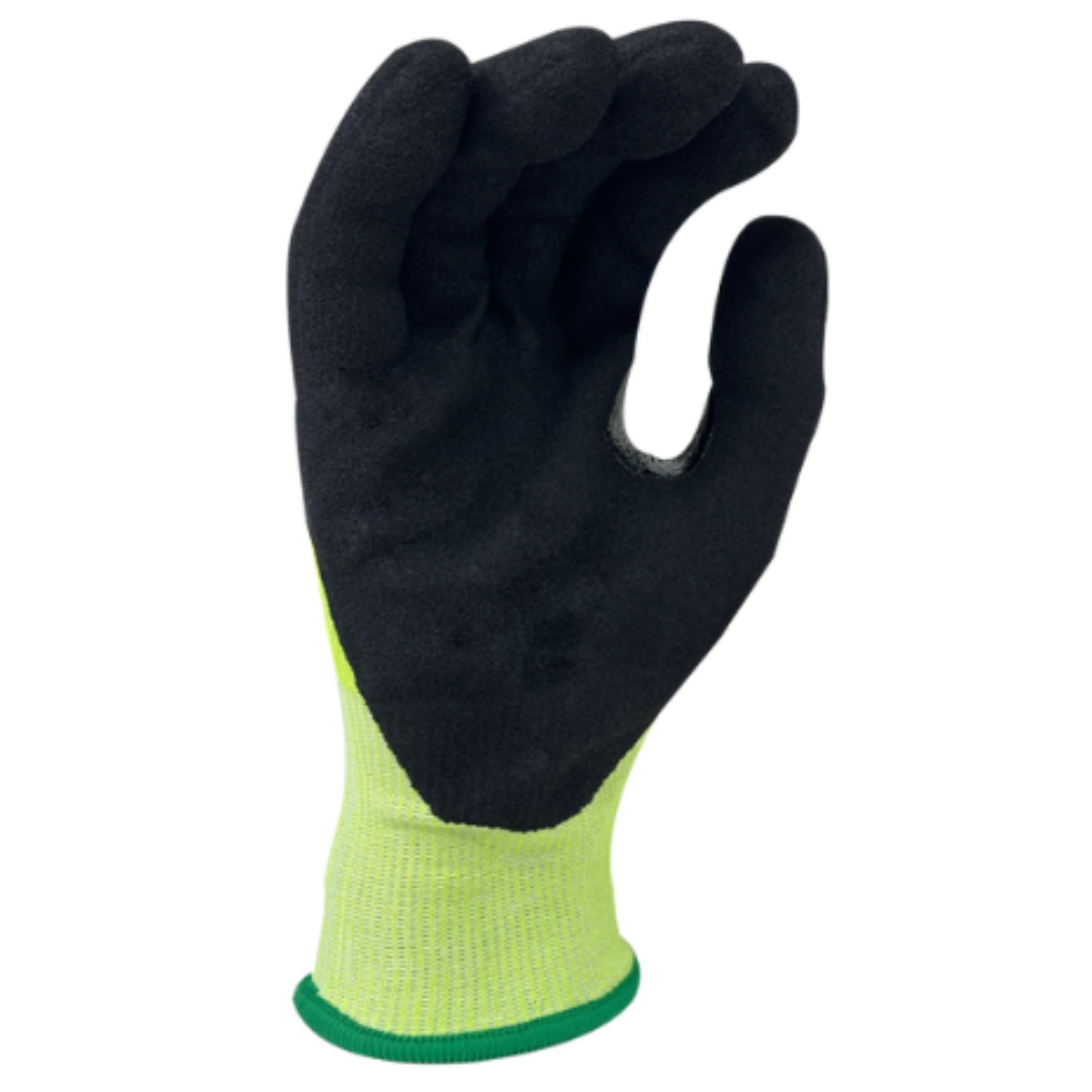 CM83350TC-12PK : CUTMAN 18 Gauge Hi-Vis Yellow HDPE + Stainless steel shell, Black Sandy-Foam Nitrile Palm coated, Reinforced Thumb Saddle, Touchscreen compatible, ANSI Cut A8, 12-Pack
