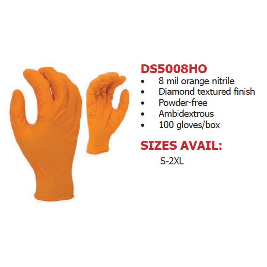 DS5008HO-100BX : Rockdare 8 mil Orange Nitrile, 9 1/2" length, Powder-Free, Diamond textured both sides, 100 gloves per box