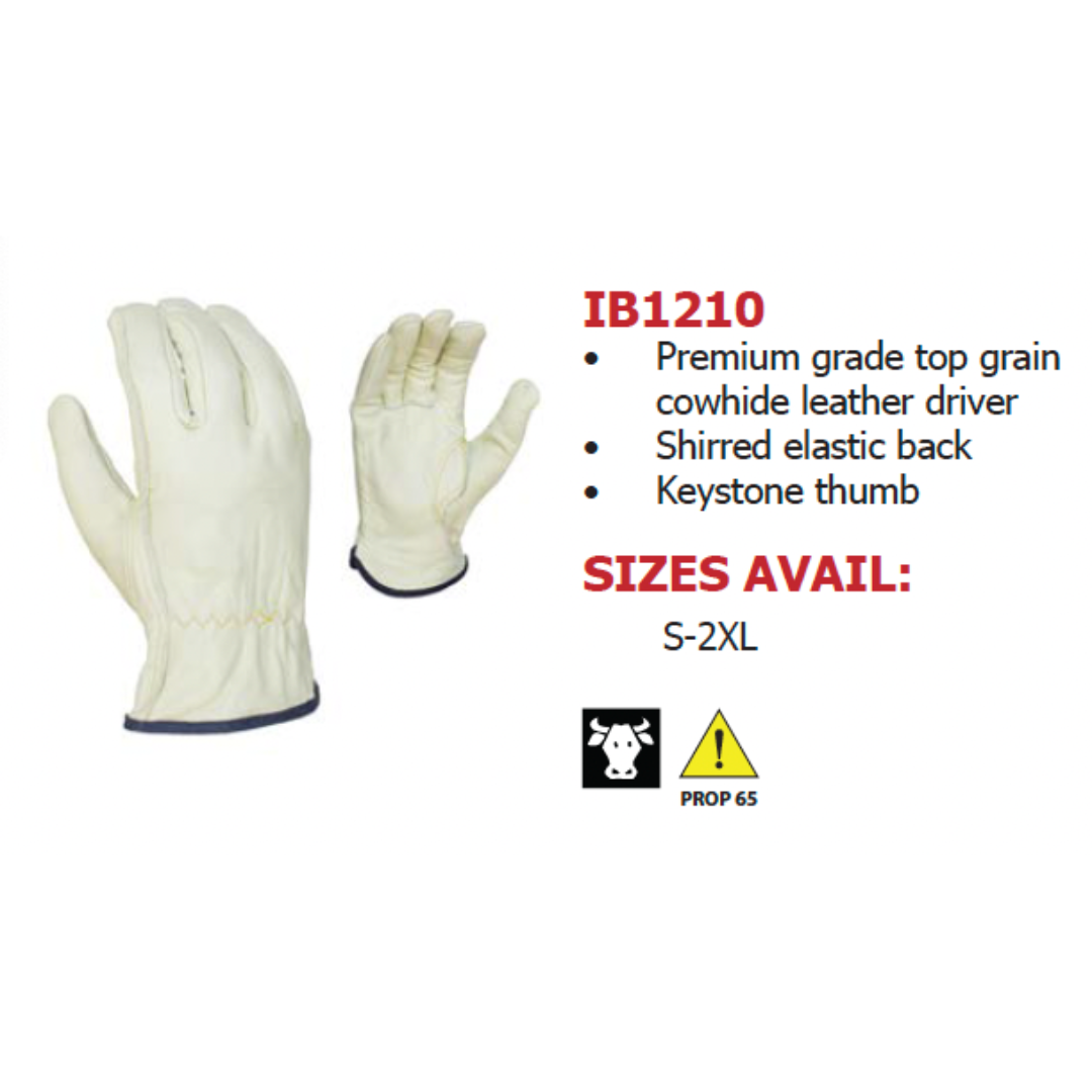 IB1210-12PK : Ironbark Premium Grain Cowhide Leather Driver (IB3006), Unlined, Shirred Elastic back, Keystone Thumb, 12-Pack