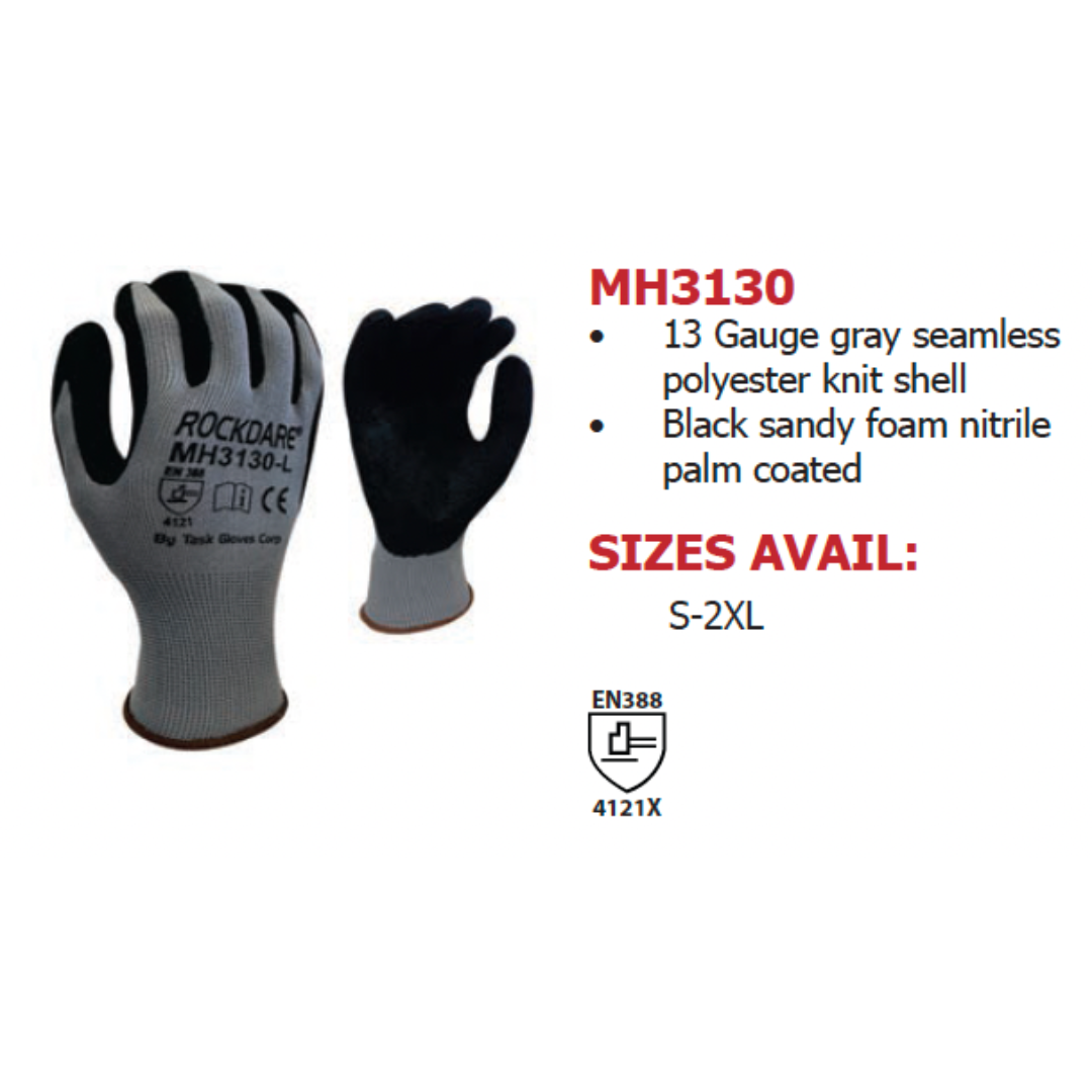MH3130 : Rockdare 13 Gauge Gray Polyester shell, Black Sandy Foam Nitrile Palm coated, 1-Pair