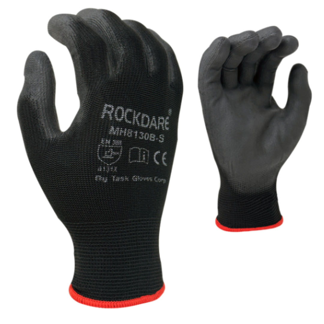 MH8130B-12PK : Rockdare 13 Gauge Black Polyester shell, Black Polyurethane palm coated, 12-Pack